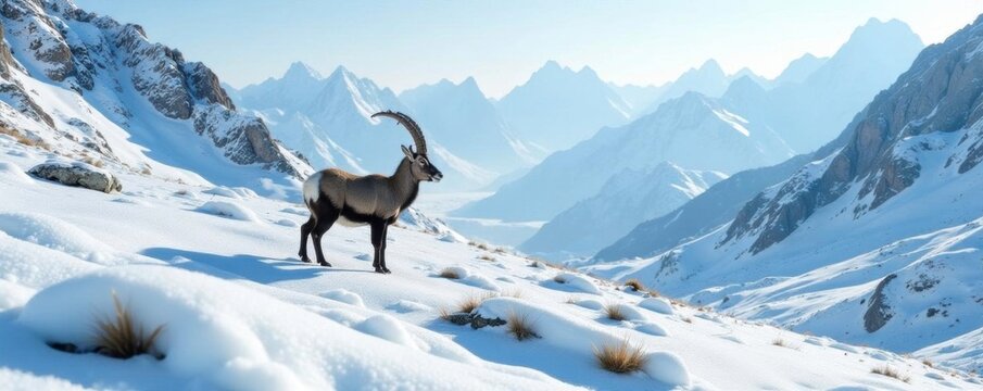 Icy hardpan and snow-covered ibex in mountainous terrain, frozen, terrain, ice