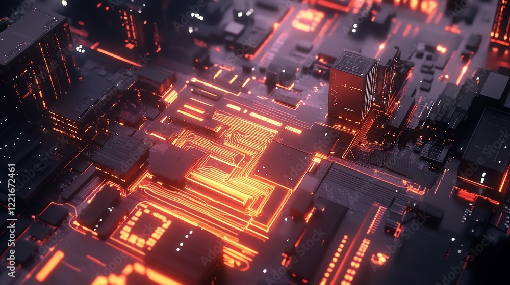 Poster a close up view of a circuit board with glowing orange pathways and electronic components