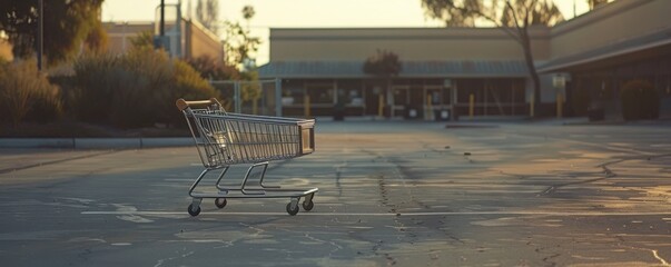 shopping cart in an empty parking lot under warm evening sunlight