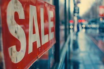 close-up of a red "Sale" sign in a shop window with blurred city street reflections