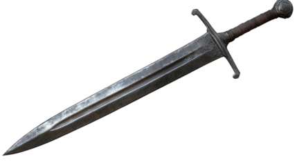 Medieval Sword: A close-up view of a medieval sword with a sharp point and double-edged blade. The sword is made of steel and has a wooden handle with a metal pommel.