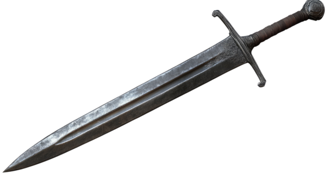 Medieval Sword: A close-up view of a medieval sword with a sharp point and double-edged blade. The sword is made of steel and has a wooden handle with a metal pommel.