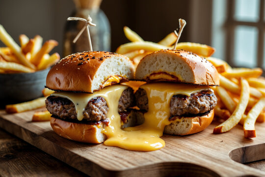 Classic Jucy Lucy Burger with Oozing Melted Cheese and Crispy Fries