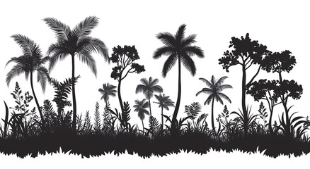  silhouette vector illustration of a tropical rainforest, featuring trees and plants. 