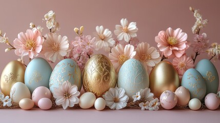 Obraz premium An elegant arrangement of golden and pastel eggs with delicate floral accents, perfect for an upscale Easter greeting