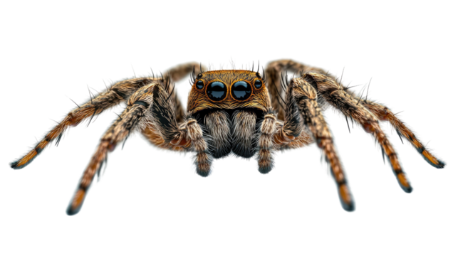 Jumping Spider Close-Up: A detailed macro shot reveals the intricate details of a jumping spider, its eight eyes gleaming, and hairy legs splayed. The vibrant colors and textures are sharply defined.