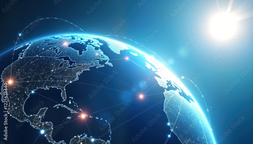 Poster global network visualization of earth. connected points represent global communication. lines connec