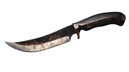 Forged in Fire: A handcrafted hunting knife with a curved blade, showcasing a distinctive, rustic patina. The intricate patterns in the metal speak of a time-tested craftsmanship.  