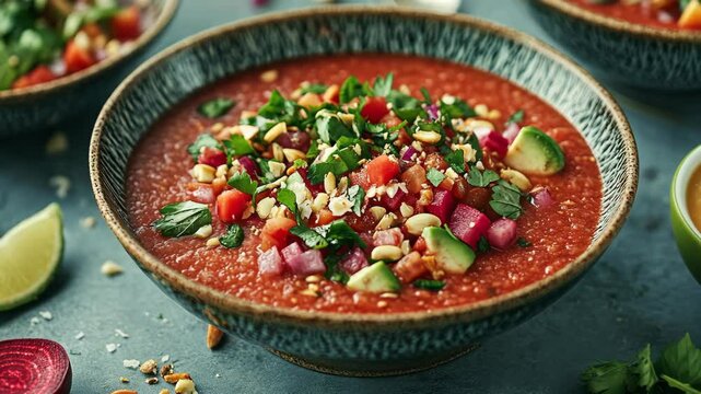 Delicious gazpacho served with fresh vegetables and herbs in a rustic bowl on a vibrant table