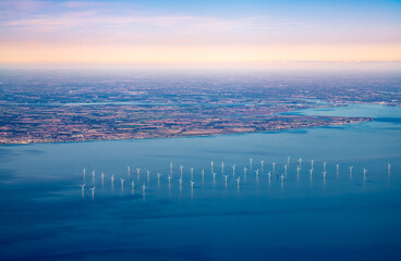 Aerial View of Offshore English Wind Farm in the Ocean