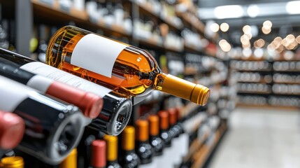 A wine display featuring various bottles in a retail setting.