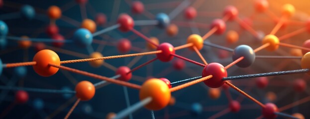 Abstract network of diverse colorful spheres connected by lines. Unity, teamwork. Strong visual of community, partnership. Colorful spheres connected to show strong cohesion, power. Concept of