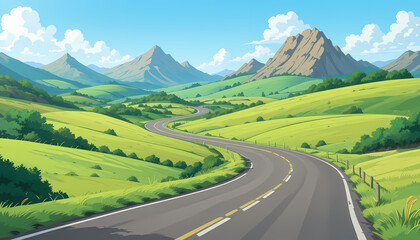Naklejka premium A cartoonish landscape a passing road through with sky, mountains, rocks, beautiful scenery, environment, illustration background for animation.
