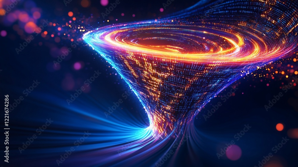 Poster abstract swirling vortex of vibrant light with digital data stream visualization