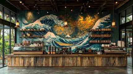Obraz premium Serene Coffee Shop with Wave Mural