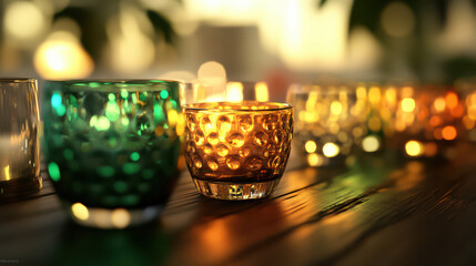 A serene tabletop arrangement of vintage-style glasses with soft glowing glittery liquids in shades of emerald green, amber, and soft rose