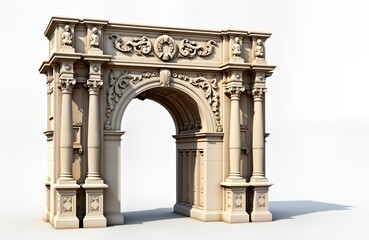 Obraz premium Ornate archway design detailed historical architecture. Decorative elements, classical structure evoke Portuguese heritage. Elegant columns flank arched opening. Illustration portrays beauty of