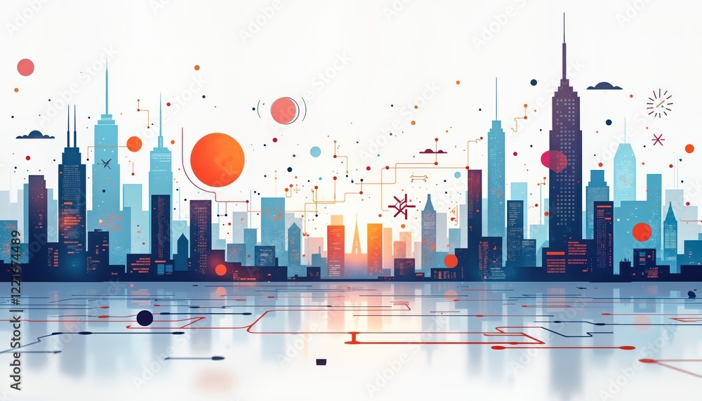 Poster futuristic city skyline with abstract tech elements. global communication, data analysis concept. di