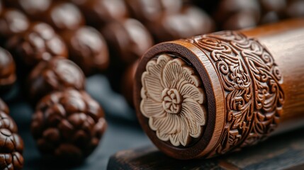 A beautifully carved wooden item with intricate floral design and round beads in the background.