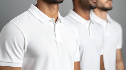 Three men in white polo shirts, showcasing a fashion or lifestyle theme.