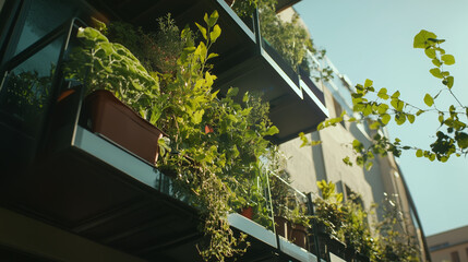 Modern urban balcony with lush greenery and sustainable design
