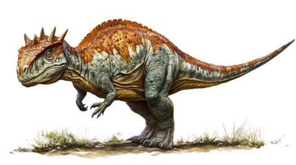 Obraz premium Ceratosaurus: Fierce Predator: A detailed illustration of a Ceratosaurus, a fearsome theropod dinosaur with prominent horns and osteoderms, showcasing its powerful build and predatory nature.&nbsp;