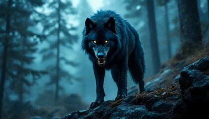 Fierce Black Wolf in Mystical Forest Scene