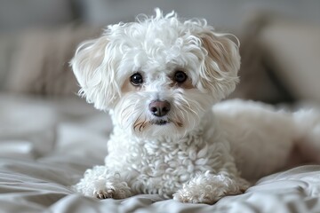 A small white dog laying on top of a bed