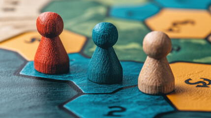 Colorful game pieces on a hexagonal board, suggesting a strategic board game with vibrant player tokens.