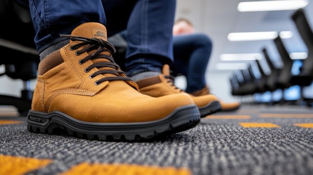 Close-up of brown boots on carpeted floor in an office setting. - Powered by Adobe