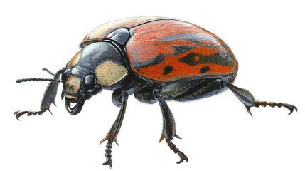 Fototapeta premium Red and Black Beetle Close-Up: A detailed macro photograph showcases the intricate details of a vibrant red and black beetle, highlighting its segmented body, legs, and antennae.
