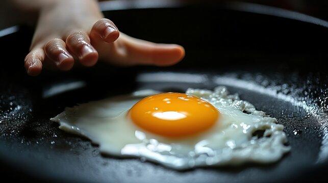 Close-up of a child's hand reaching for a fried egg in a pan highlighting egg allergy concept