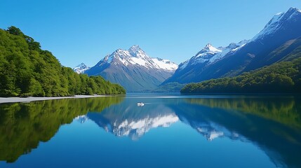 Naklejka premium A serene lake surrounded by majestic mountains and lush greenery, reflecting the clear blue sky in its calm waters.