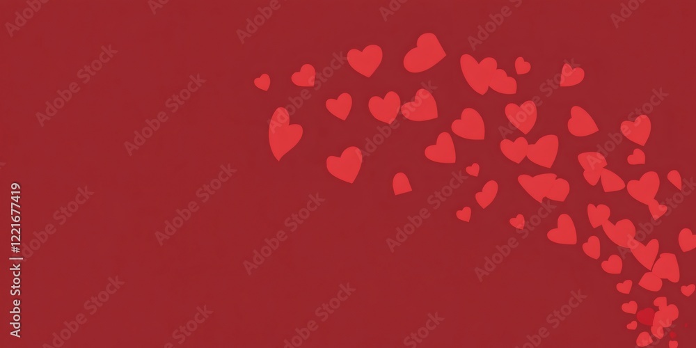Poster many red hearts exploding from the bottom right corner of a red background, perfect for valentine's 