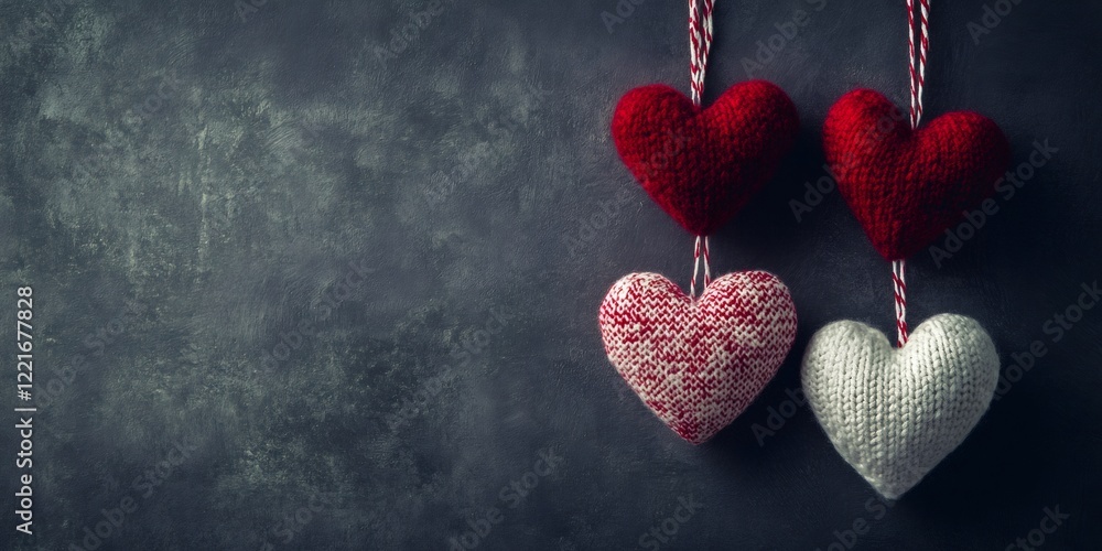 Poster knitted hearts dangling on string, soft red and white tones creating intimate romantic mood against 
