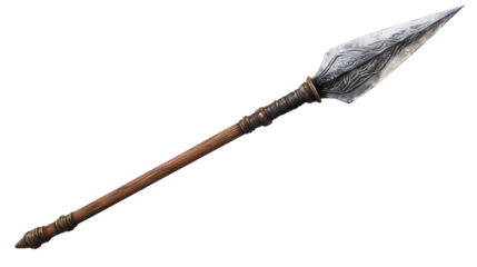 Ancient Spear Weapon: An ancient, hand-crafted spear with a long, wooden shaft, a sharp metal tip, and intricate decorative accents evokes a sense of history and power.