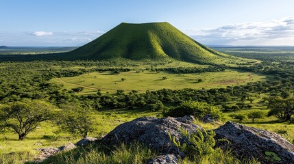 A lush, green volcanic cone rises above a serene landscape under a clear sky.