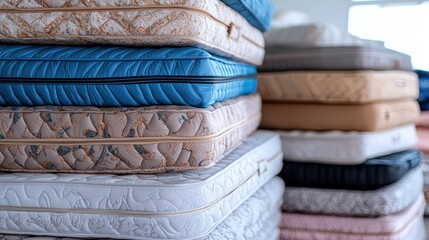 A stack of various mattresses displaying different colors and patterns.