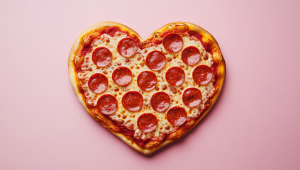 Fototapeta premium Valentine's day concept of Heart-shaped pepperoni pizza on a pastel pink background, perfect for Valentine’s Day or love-themed celebrations