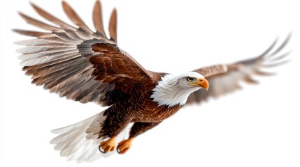 Obraz premium A majestic eagle soaring with outstretched wings against a white background.