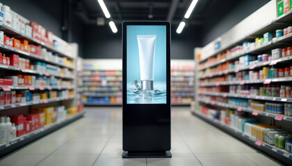 Pharmacy aisle digital kiosk. Tall black kiosk features large touch screen display. Display advertises skincare product. Product promotion in retail store. Health care store setting. Retail