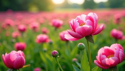 Obraz premium Blooming peony flowers in a field, landscape, illustration