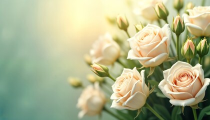 Elegant bouquet of pale peach roses. Soft lighting highlights delicate petals. Floral arrangement evokes feelings of sympathy, remembrance. Beautiful floral design. Suitable for condolence cards,