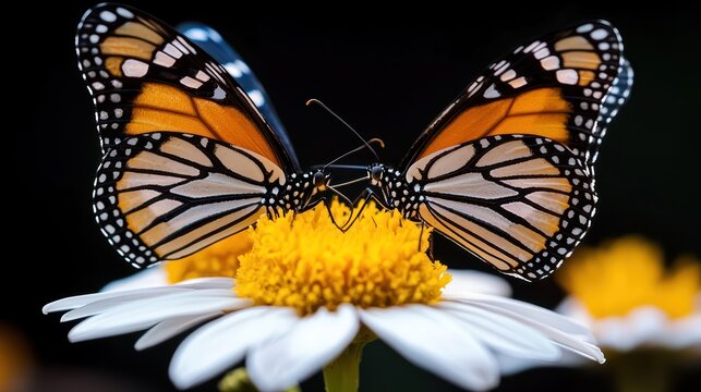 Two monarch butterflies perched on a vibrant flower, showcasing nature's beauty.