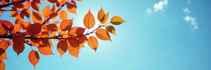 Fototapeta premium Branch stretching towards the sky with vibrant orange leaves , colorful, nature, branch