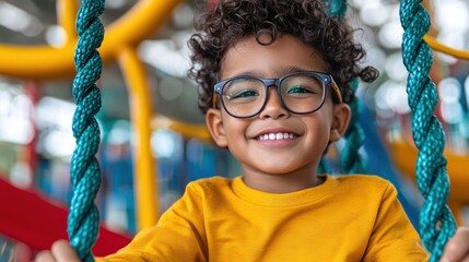 A smiling child with curly hair and glasses enjoys a playground swing.