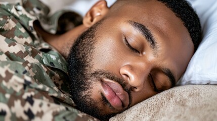 A soldier peacefully sleeping on a bed, showcasing tranquility and rest.