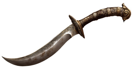 Obraz premium Ancient Ceremonial Dagger: A meticulously crafted, curved dagger with an ornate handle and a worn blade, hinting at age and perhaps ritualistic use.