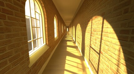 Obraz premium Sunlit Brick Corridor With Arched Windows