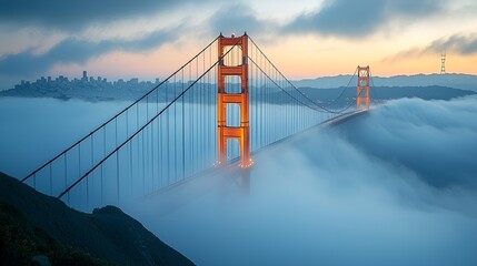 Fototapeta premium Golden Gate Bridge sunrise fog, San Francisco skyline. Travel, tourism postcard